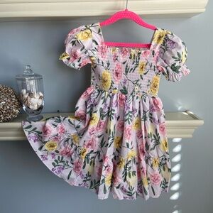 Purple and Pink Casual Sundress with Puff Sleeves and Square Neckline